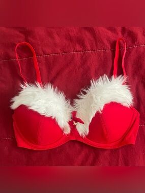 Adore Me Red Bra with White Faux Fur Trim